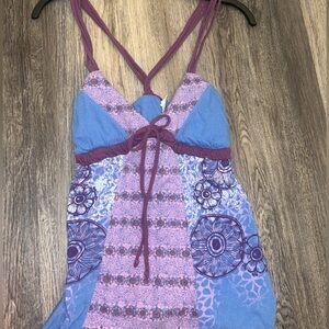 Blue and purple tank top with straps and a tie front
